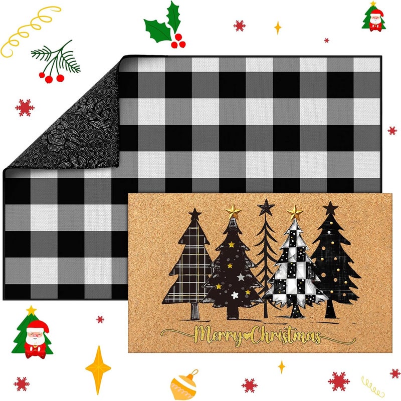 Fourluoo 2 Pcs Christmas Front Porch Rug Buffalo Plaid Christmas Door Mat Imitation Coco Coir Black White Xmas Tree Welcome Layering Rug for Outdoor Winter Home Festival Holiday Decor, 28 x 43 Inch - Image 3